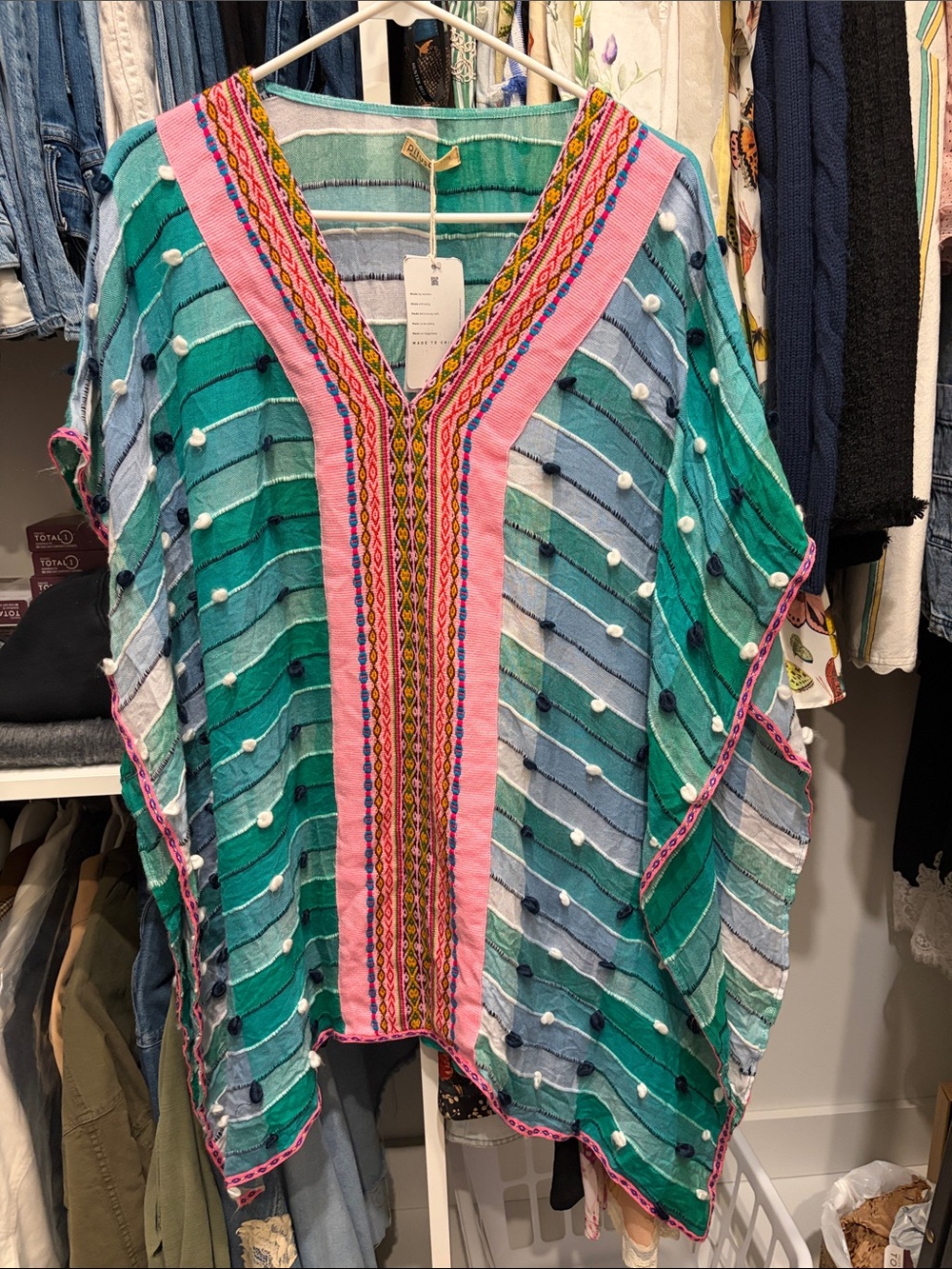 Pitusa Striped Embroidered V-Neck Tunic in Teal & Pink